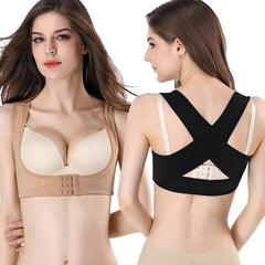 A woman wears a beige chest posture corrector vest from the front and a black version from the back.
