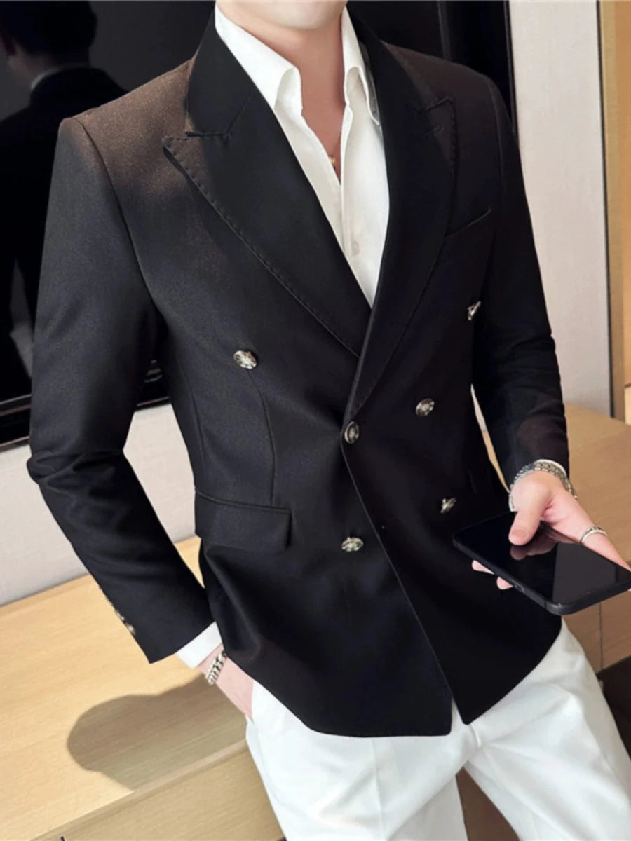 White Hanvenchy slim fit double-breasted business coat with Italian style and drape, ideal for professional or formal attire.