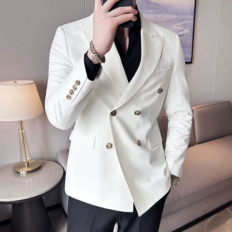 Slim fit white business coat by Hanvenchy, double-breasted Italian style, tailored drape, perfect for professional or formal wear.