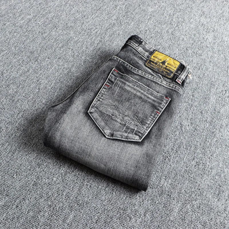 Showlu Men's retro gray slim-fit ripped jeans with elastic waistband and vintage denim design, casual and stylish men's trousers.