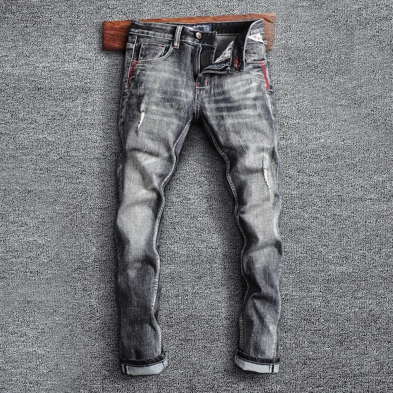 Showlu Men's retro gray slim fit ripped jeans with elastic waistband, vintage denim design, casual style, and distressed details.