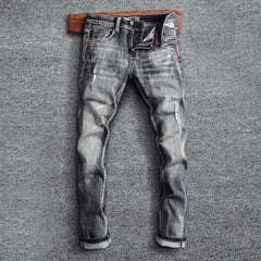 Italian Style Fashion Men Jeans Retro Gray Elastic Slim Fit Ripped Jeans Men Trousers Vintage Designer Casual Denim Pants Hombre - SHOWLU FASHION STORE
