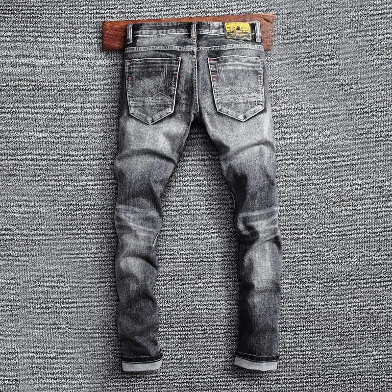 Showlu men's retro gray slim fit ripped jeans with distressed detailing, elastic waist, vintage denim style, casual men's trousers.