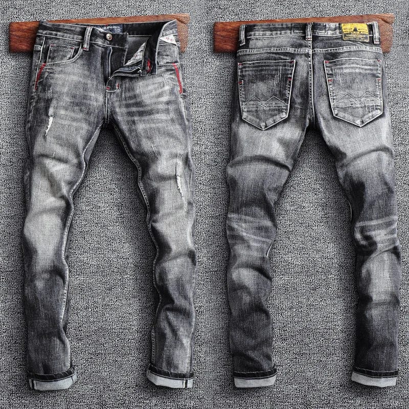 Showlu Men's retro gray slim fit ripped jeans with distressed details, stylish vintage denim pants for casual wear.