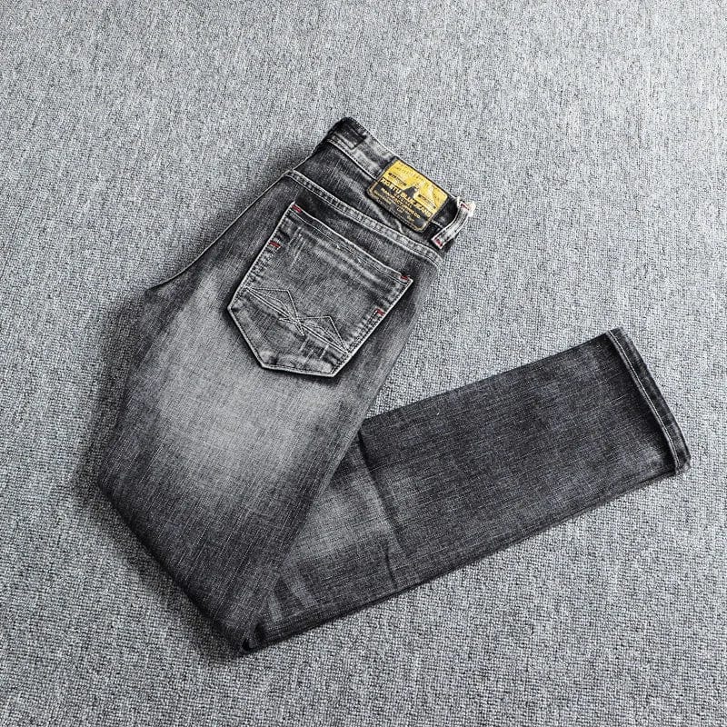 Showlu men's retro gray slim fit ripped jeans with elastic waistband, vintage denim style, casual men's trousers.