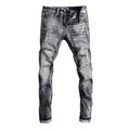 Showlu men's retro gray slim fit ripped jeans with distressed design and elastic waistband, casual vintage denim pants for men.