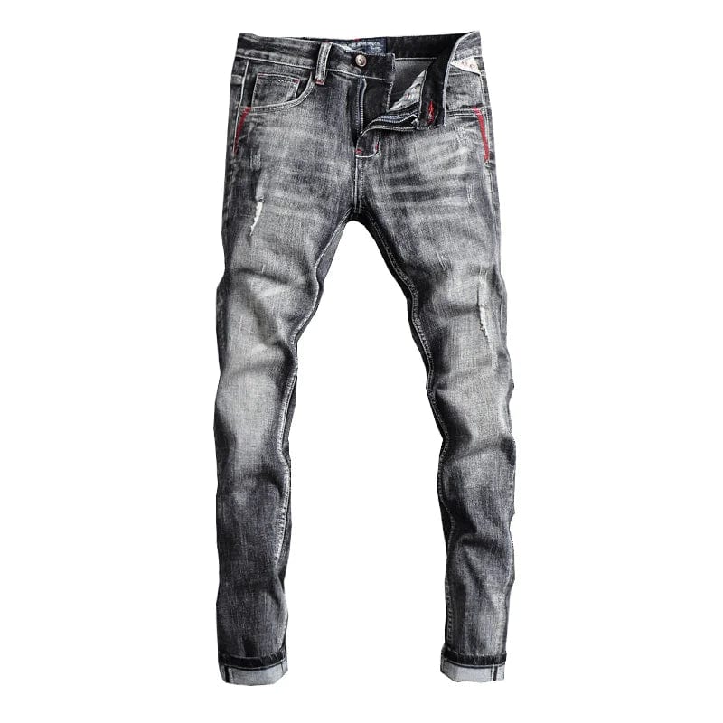 Showlu men's retro gray slim fit ripped jeans with distressed design and elastic waistband, casual vintage denim pants for men.