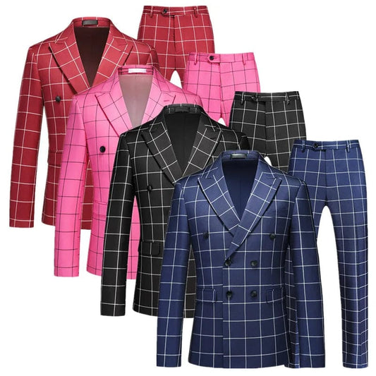 ( Jacket + Pant ) Luxury Men Groom Wedding Suits High Quality Business Social Prom Party Double Breasted Plaid Dress 2 Piece - SHOWLU FASHION STORE