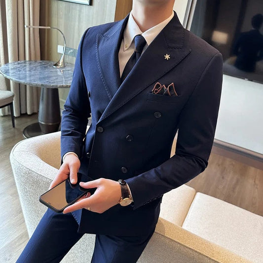 (Jacket + Trousers) Fashion Double Breasted Design Slim Men's Suit Italian Style Luxury Wedding Social Party Tuxedo 2 Piece Sets - SHOWLU FASHION STORE