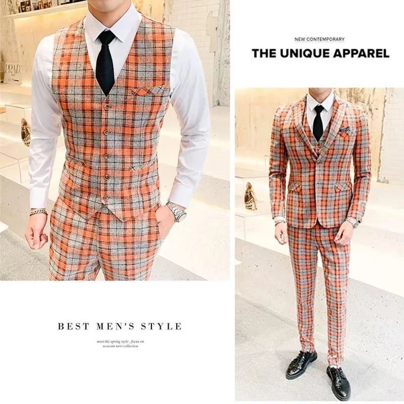 ( Jackets + Vest + Pants ) New Fashion Boutique Plaid Mens Casual Business Suit Groom Wedding Dress Suit 3pces Set Male Blazer - SHOWLU FASHION STORE