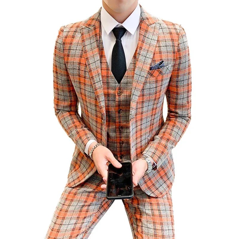 ( Jackets + Vest + Pants ) New Fashion Boutique Plaid Mens Casual Business Suit Groom Wedding Dress Suit 3pces Set Male Blazer - SHOWLU FASHION STORE