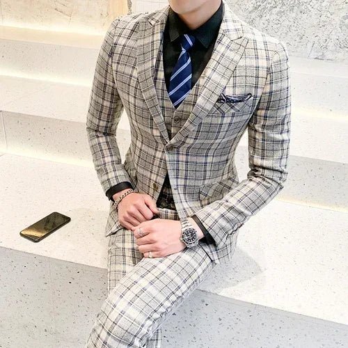 ( Jackets + Vest + Pants ) New Fashion Boutique Plaid Mens Casual Business Suit Groom Wedding Dress Suit 3pces Set Male Blazer - SHOWLU FASHION STORE