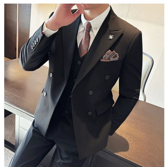 (Jackets+Vest+Pants) Men's Business Double - Breasted Suits Male Slim Fit Solid Color Groom's Wedding Dress Man Fashion Tuxedo 7XL - SHOWLU FASHION STORE