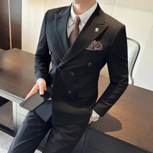 (Jackets+Vest+Pants) Men's Business Double - Breasted Suits Male Slim Fit Solid Color Groom's Wedding Dress Man Fashion Tuxedo 7XL - SHOWLU FASHION STORE