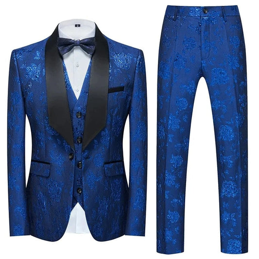 (Jacket+Vest+Pant) Men Business Casual Slim Fit Suits 3 Pieces Sets Fashion Flower Printed Tuxedo Wedding Formal Dress Blazers - SHOWLU FASHION STORE