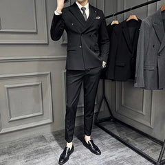 (Jacket+Vest+Pants)Men Spring High Quality Double - breasted Suits/Male Slim Fit Groom's Wedding Dress Fashion Three - piece Set - SHOWLU FASHION STORE