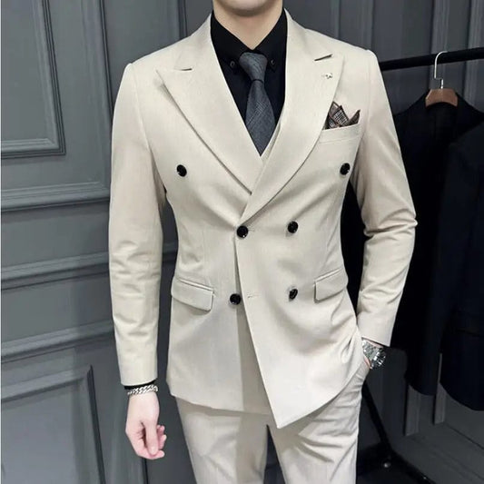 (Jacket+Vest+Pants)Men Spring High Quality Double - breasted Suits/Male Slim Fit Groom's Wedding Dress Fashion Three - piece Set - SHOWLU FASHION STORE