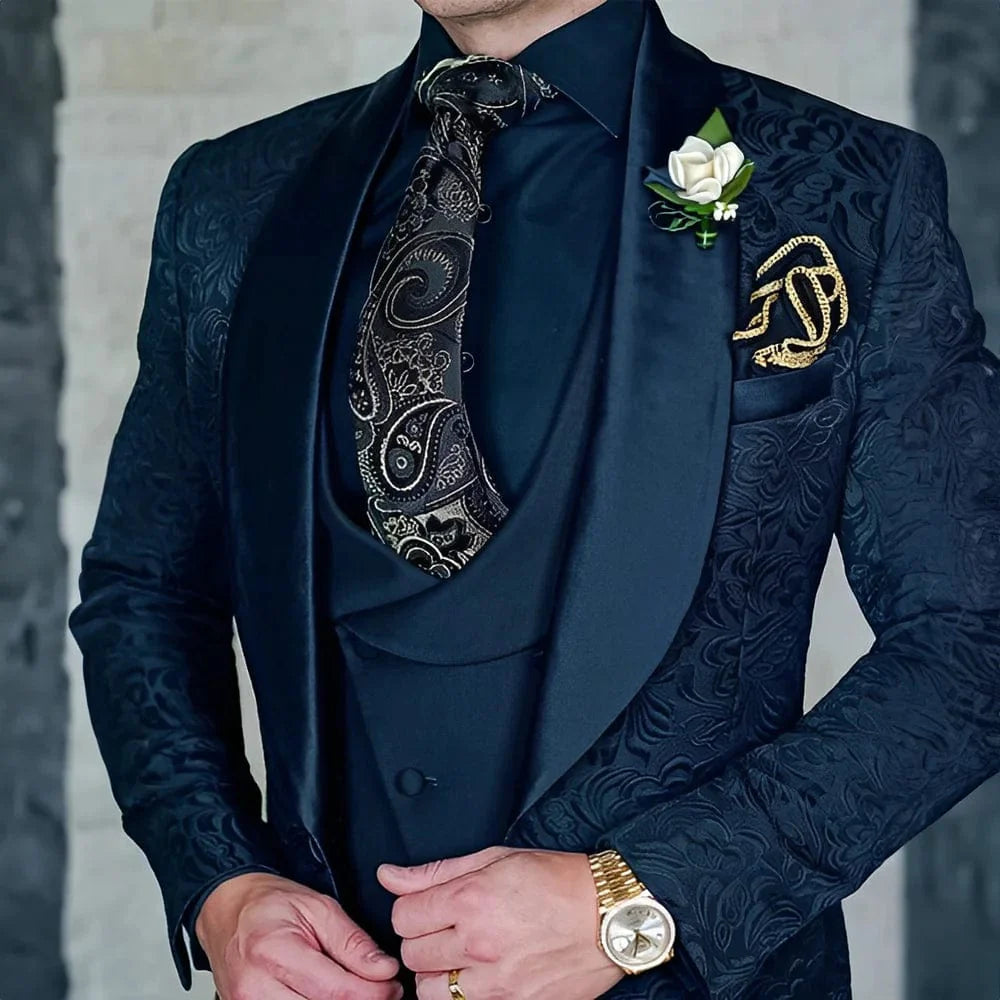 Showlu Fashion men's 3-piece jacquard suit set featuring a formal wool tuxedo for parties and special occasions.