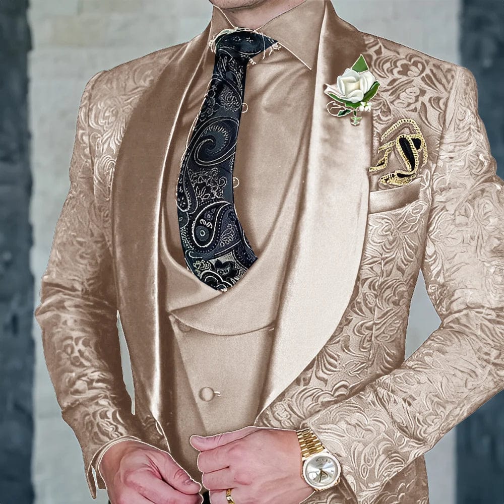 SHOWLU FASHION men's 3-piece jacquard suit set, formal wool tuxedo for parties and grooms, elegant and high-quality menswear.