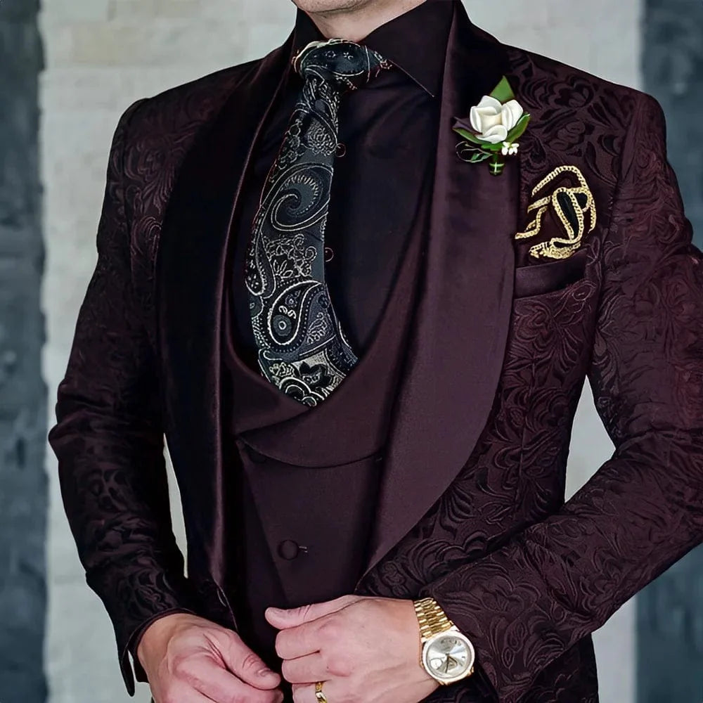 SHOWLU FASHION men's 3-piece jacquard suit set featuring a formal wool tuxedo for elegant parties and special occasions.