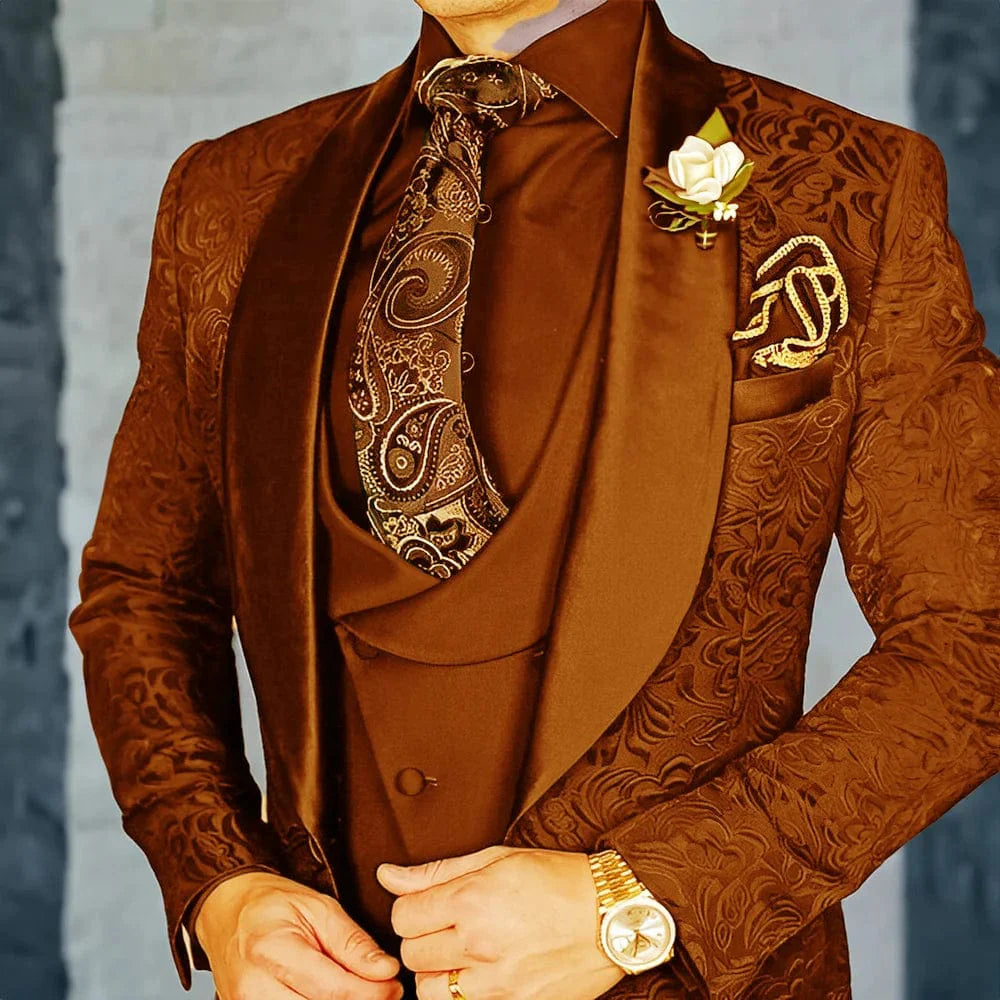 Elegant men's SHOWLU FASHION 3-piece jacquard tuxedo suit set with formal wool fabric, ideal for parties and special occasions.