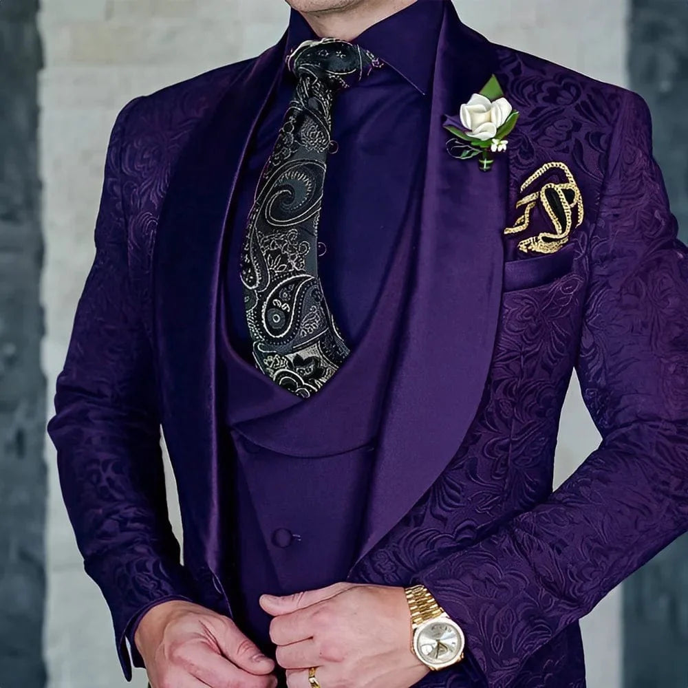 SHOWLU FASHION men's 3-piece jacquard suit set featuring a formal wool tuxedo for weddings, parties, and elegant occasions.