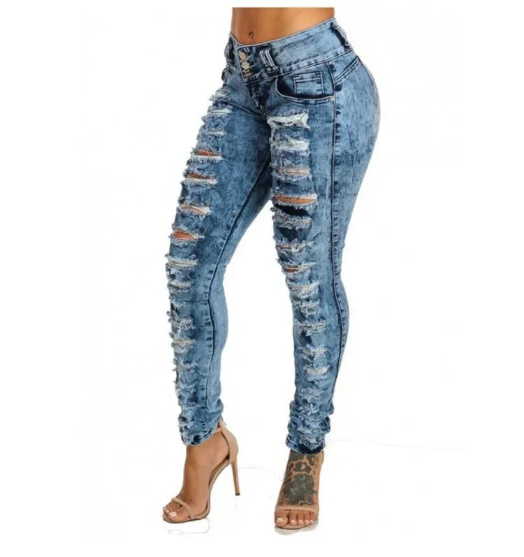 Women's high waist ripped skinny jeans by SHOWLU FASHION STORE, ankle-length distressed denim with ripped pockets and button closure.