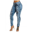 Women's high waist ripped skinny jeans by SHOWLU FASHION STORE, ankle-length distressed denim with ripped pockets and button closure.