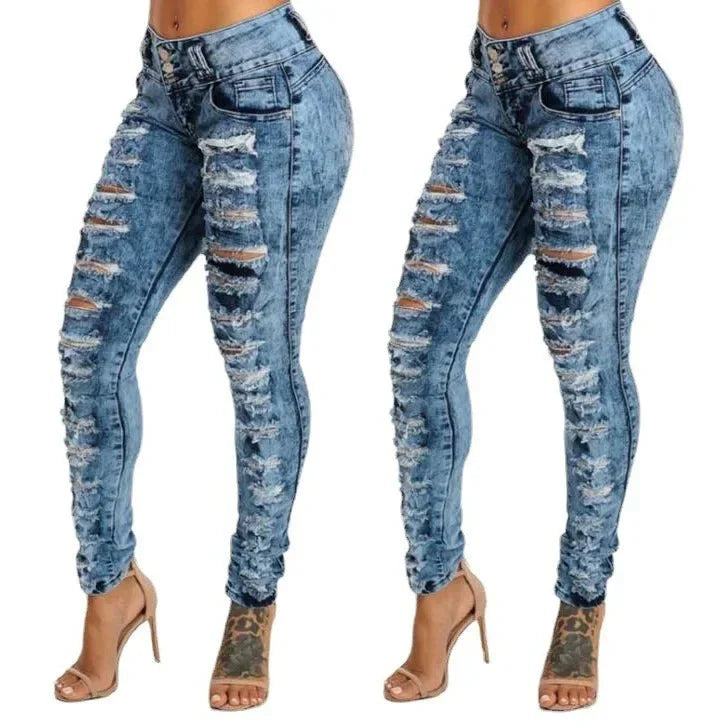 Women's high waist ripped skinny jeans by SHOWLU FASHION STORE, ankle-length distressed denim pants with ripped pockets.