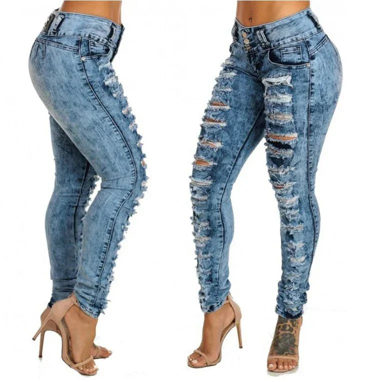 Kalenmos women's high waist ripped skinny jeans with distressed denim, ankle-length, featuring ripped pockets and button closure.