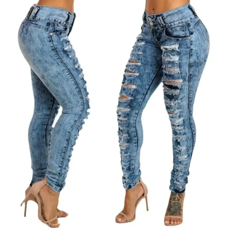Kalenmos Women's high waist ripped skinny jeans with distressed denim, ankle-length fit, and front pockets, stylish streetwear look.