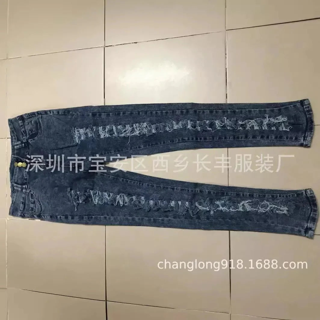 Kalenmos Women's high waist ripped skinny jeans with distressed denim, ankle-length, featuring pockets and button closure.