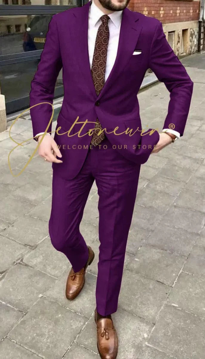 Men's JELTONEWIN 2-piece skinny fit suit with notched lapel, ideal for weddings, groomsmen, and formal events, by Showlu Fashion.