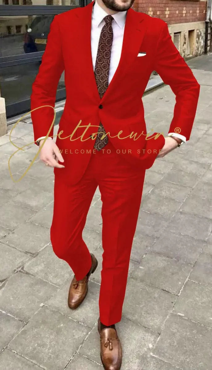 Men's JELTONEWIN 2-piece skinny fit suit with notched lapel, ideal for wedding tuxedos, groomsmen, business events, and parties.