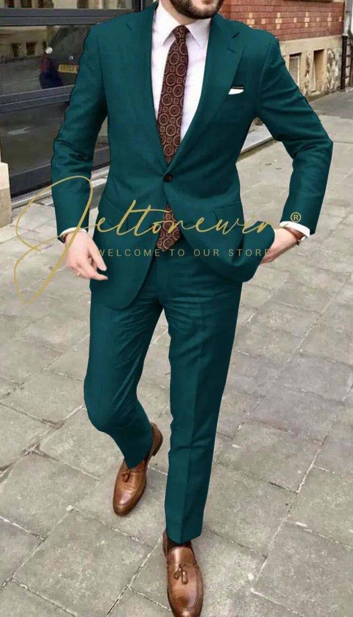 JELTONEWIN men's 2-piece skinny fit suit with notched lapel, ideal for wedding, groomsmen, business, or formal events.