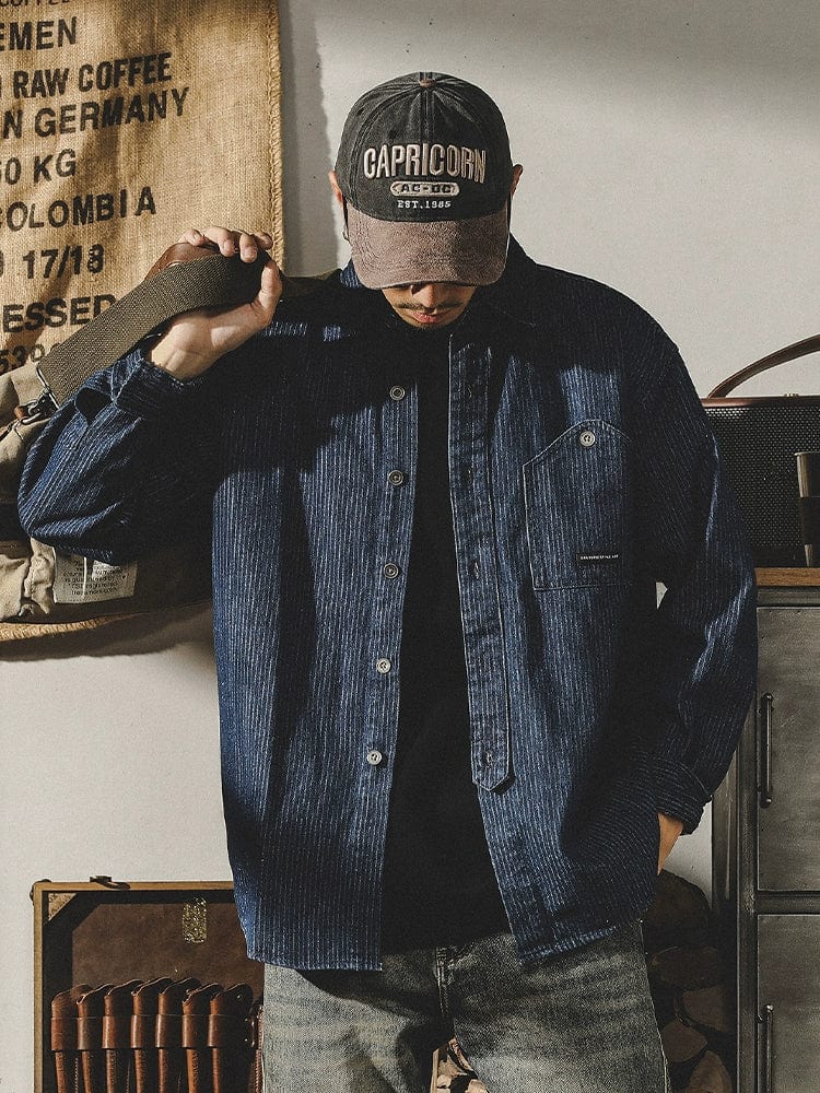 Men's vintage thick striped cotton parka with long sleeves, casual style by Showlu Fashion.