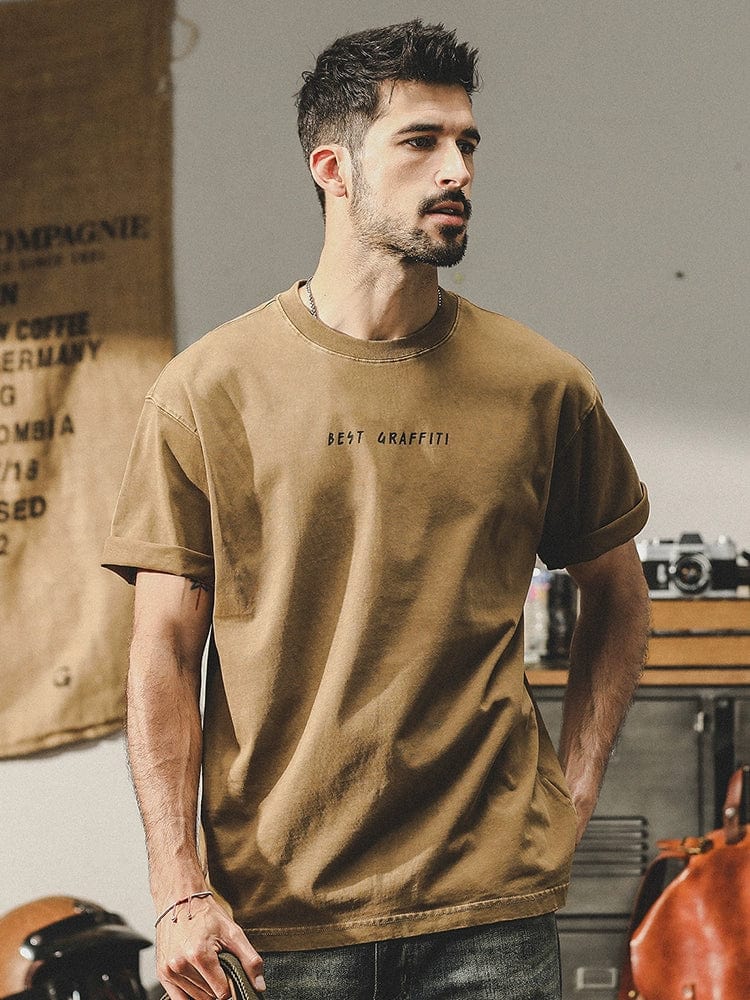 Men's pure cotton short-sleeved T-shirt in a loose American style, shown in black with a round neckline and casual fit.