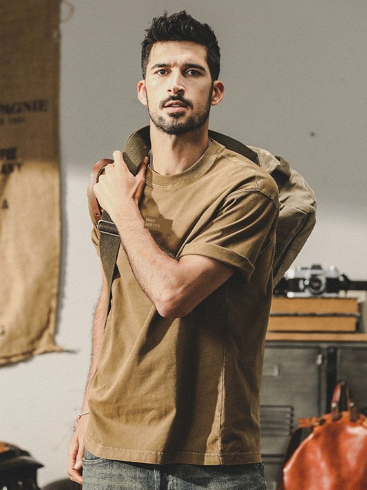 Men's pure cotton short-sleeved T-shirt in American style, shown in loose fit design, by Showlu Fashion Store.