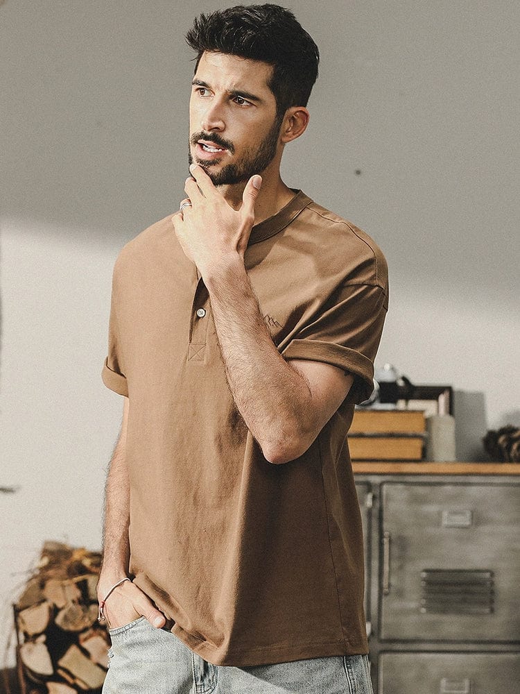 Men's cotton short-sleeved polo shirt with retro Henry collar, stylish and comfortable, by Showlu Fashion Store.