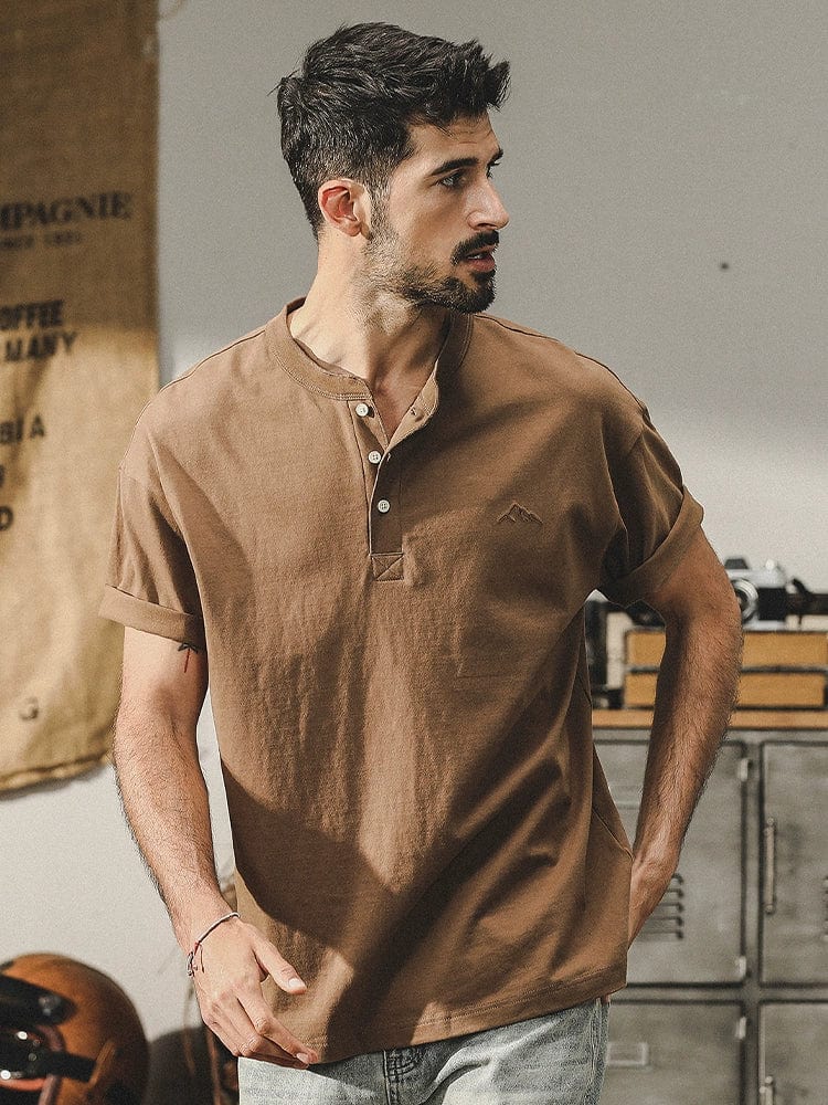 Men's cotton short-sleeved polo shirt with retro Henry collar, stylish casual top by Showlu Fashion Store.