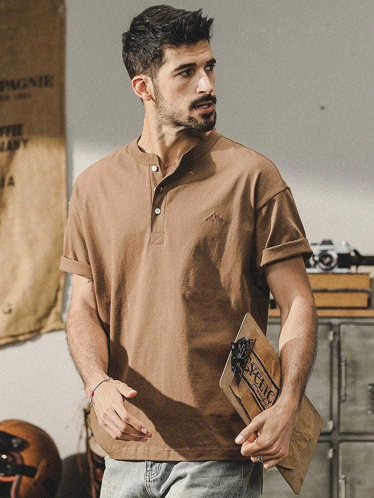Jereno men's cotton short-sleeved polo shirt with retro henry collar, casual men's top, Showlu Fashion Store.