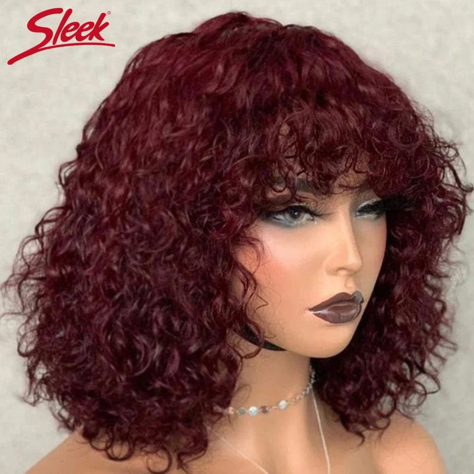 Honey blonde curly short bob human hair wig with bangs, glueless style, showcasing natural water wave texture and versatile wear.