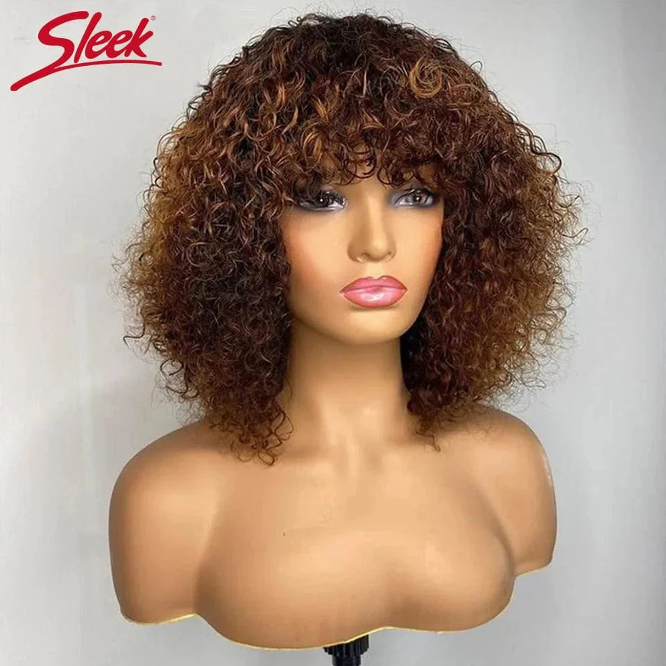 Honey blonde Jerry curly short bob wig with bangs, human hair, glueless style, for women, highlighting showy water wave texture.