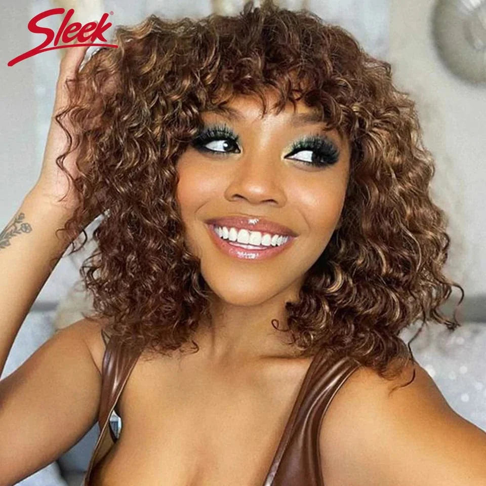 Honey blonde Jerry curly short bob human hair wig with bangs, glueless style, showcasing water-wave texture for women.