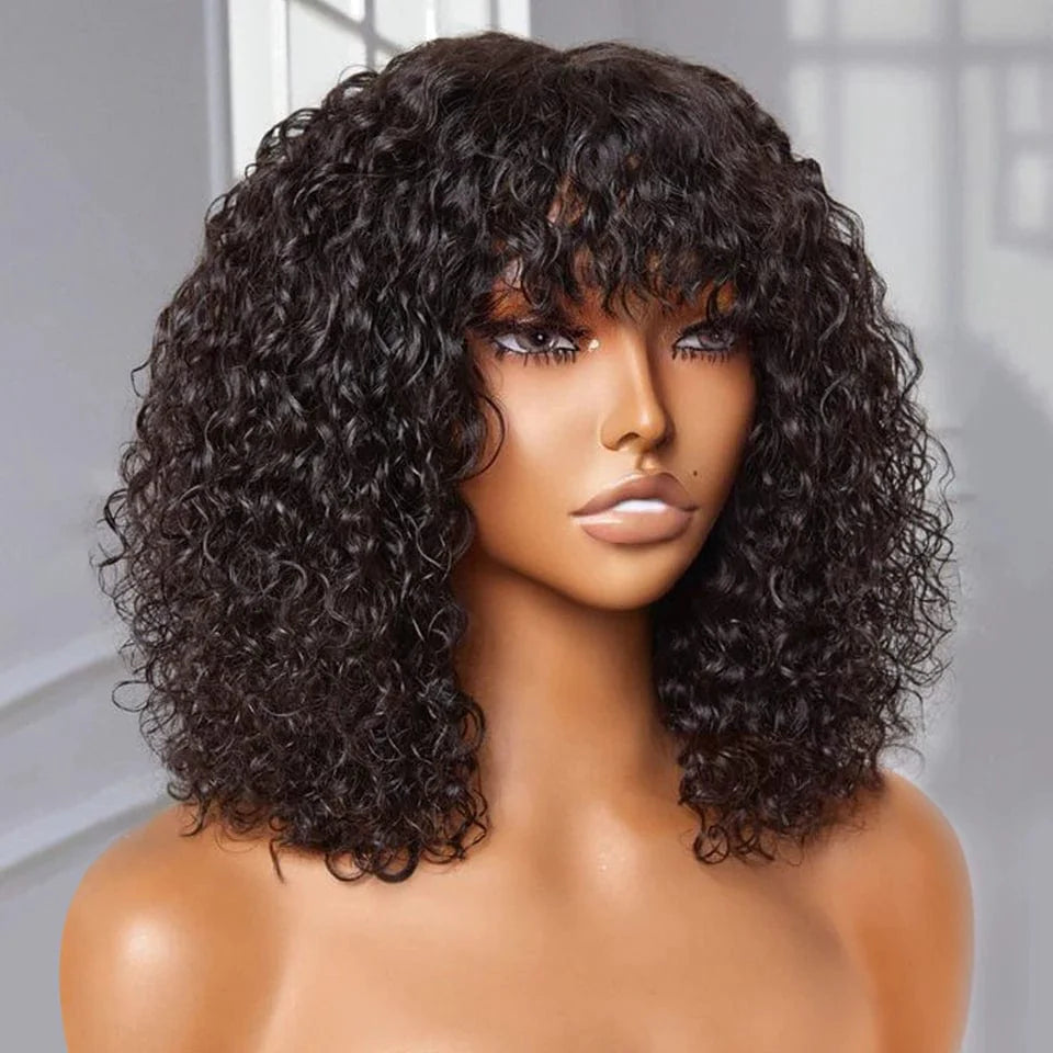 Honey blonde Jerry curly short bob human hair wig with bangs, glueless style, showcasing water wave texture and natural volume.