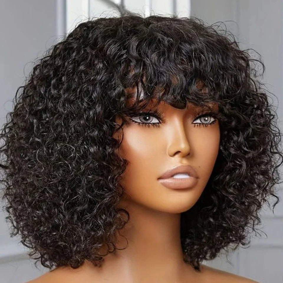 Honey blonde Jerry curly short bob human hair wig with bangs, glueless style, showcasing water wave texture and natural shine.