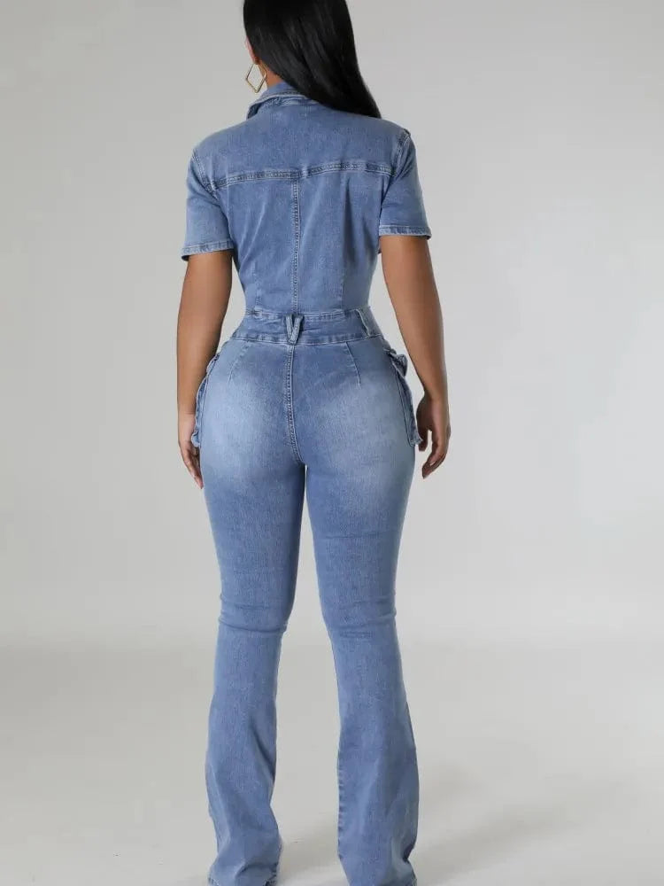 JRRY women's denim jumpsuit with short sleeves, turn-down collar, buttons, pockets, and flared pants, stylish bodysuit from Showlu Fashion