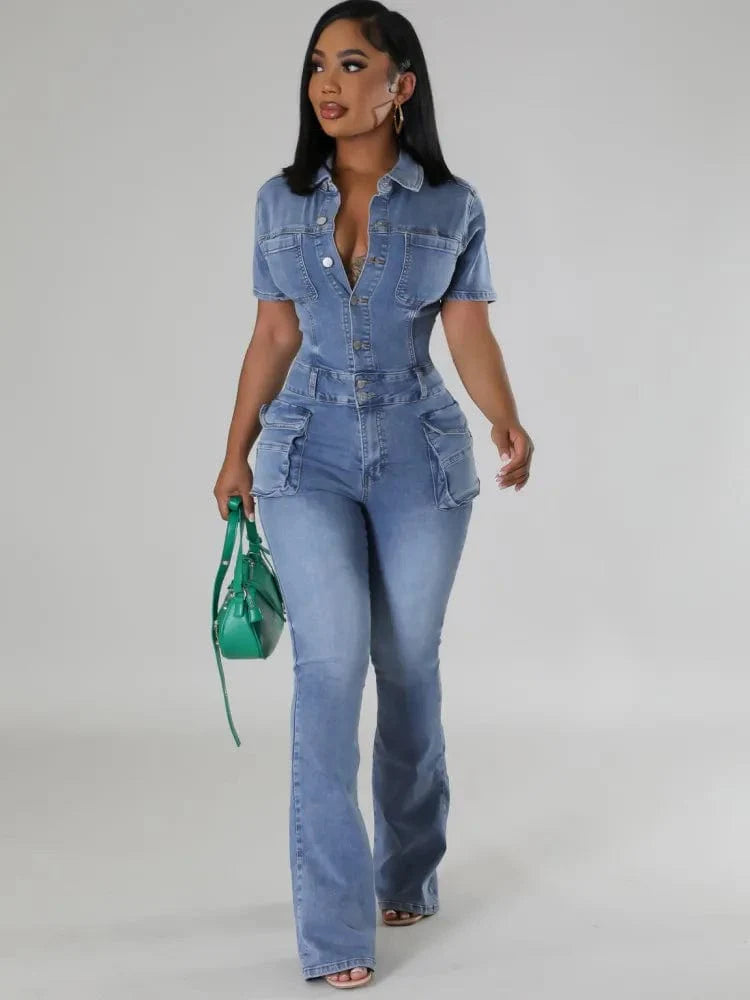 JRRY women's denim jumpsuit with short sleeves, turn-down collar, buttons, pockets, and flared pants, stylish bodysuit from Showlu Fashion.