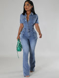 JRRY women's denim jumpsuit with short sleeves, turn-down collar, buttons, pockets, and flared pants, stylish bodysuit from Showlu Fashion.