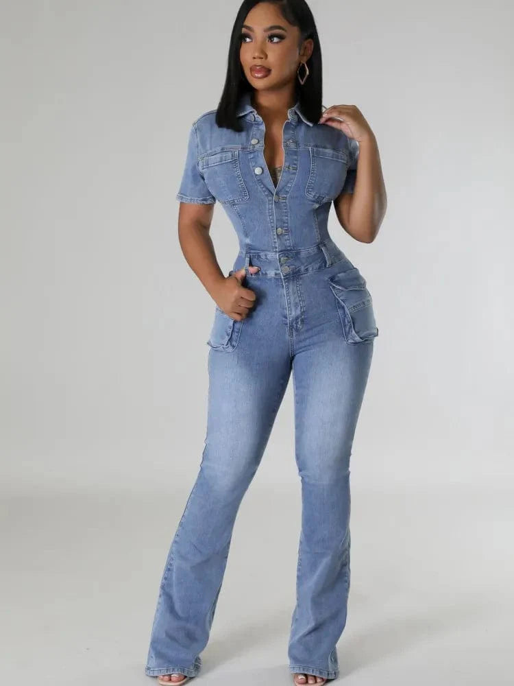 Showlu Fashion Women's denim jumpsuit with short sleeves, turn-down collar, buttons, pockets, and flared pants for a stylish look.